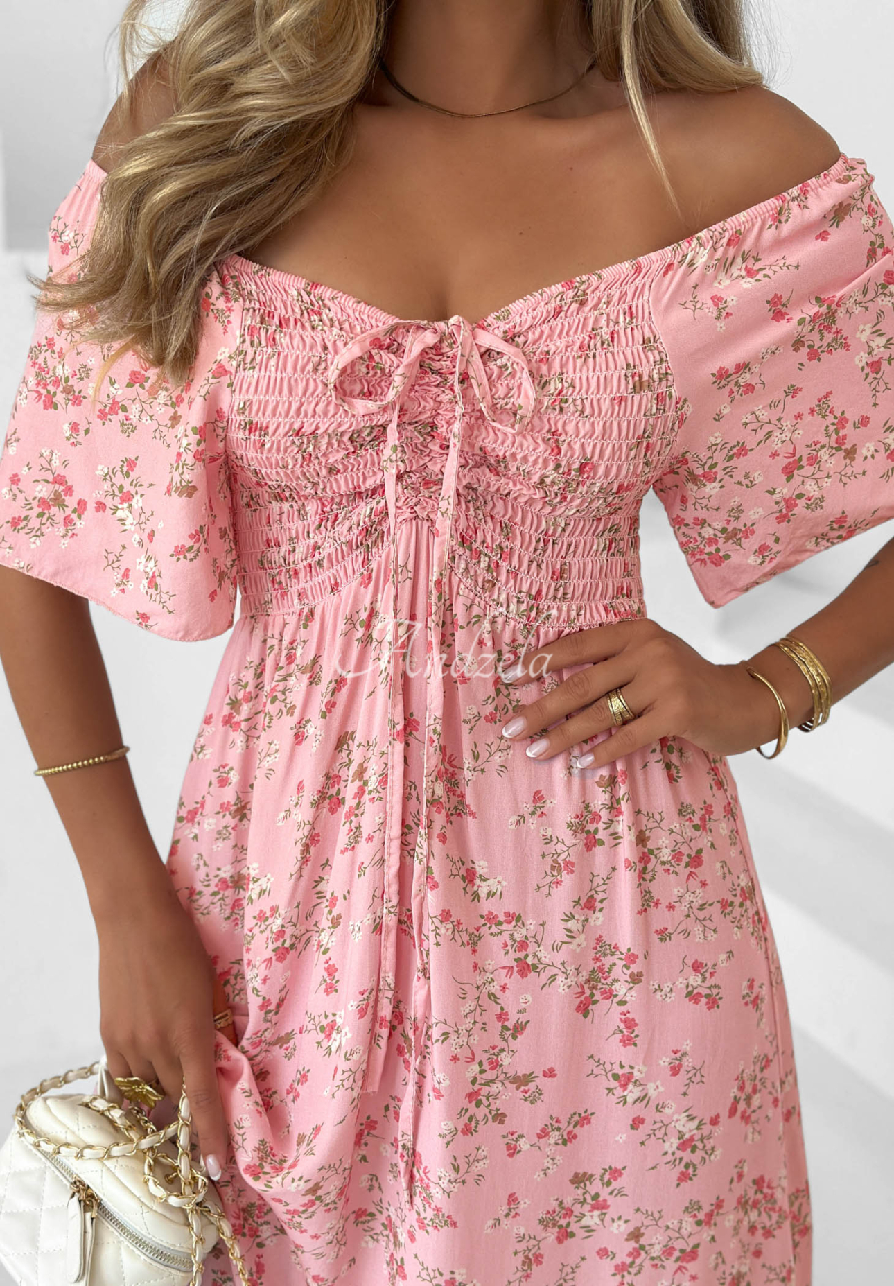 Rochie din viscoză cu imprimeu floral, legare și volănaș Summer Garden