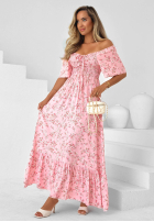 Rochie din viscoză cu imprimeu floral, legare și volănaș Summer Garden