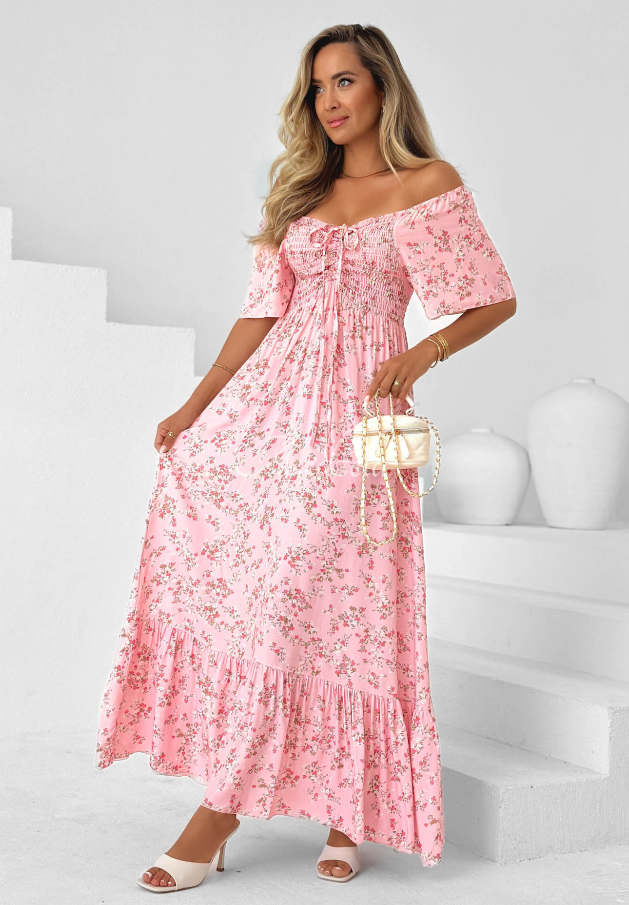 Rochie din viscoză cu imprimeu floral, legare și volănaș Summer Garden