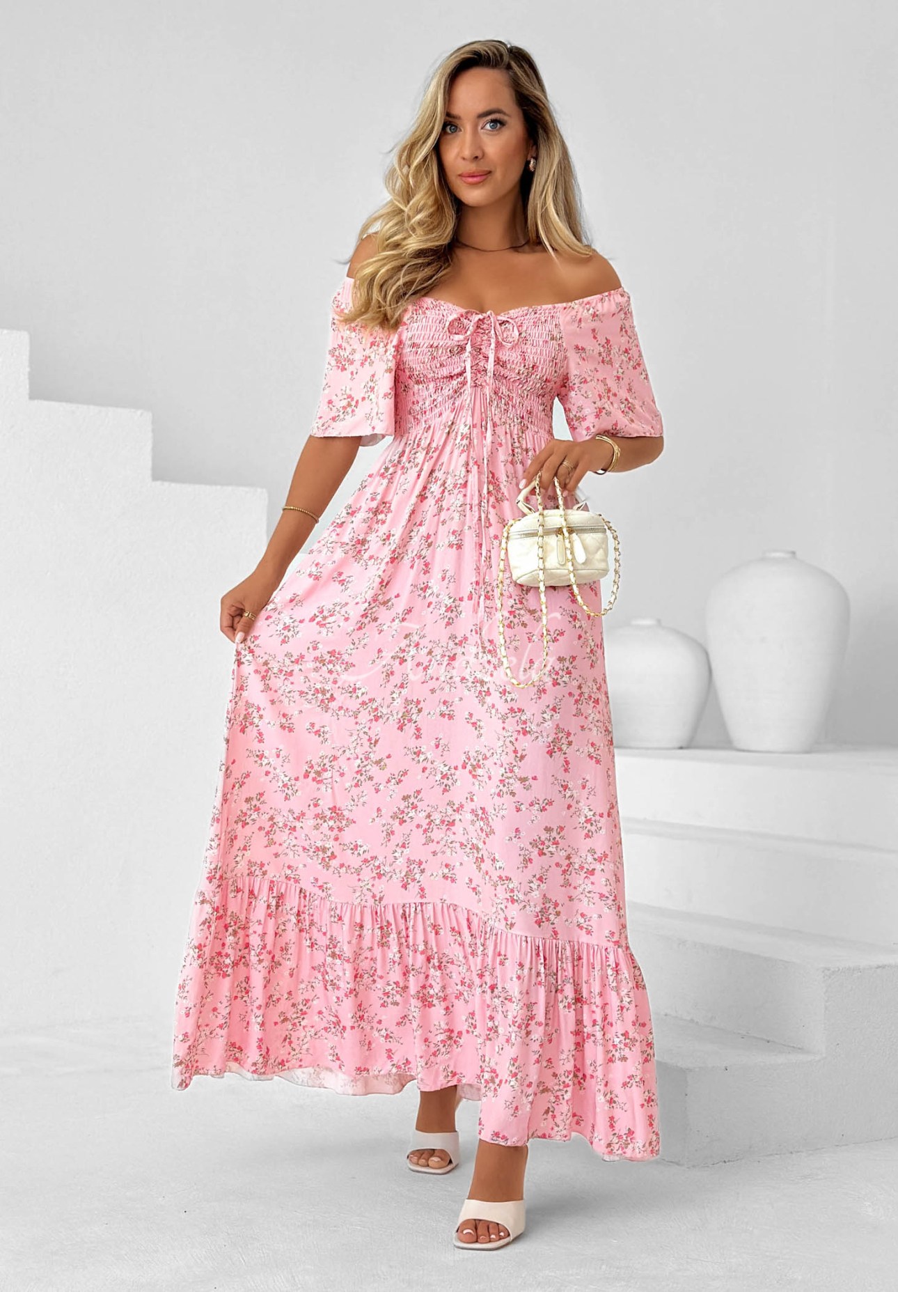 Rochie din viscoză cu imprimeu floral, legare și volănaș Summer Garden