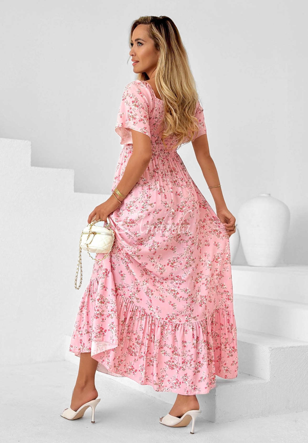 Rochie din viscoză cu imprimeu floral, legare și volănaș Summer Garden