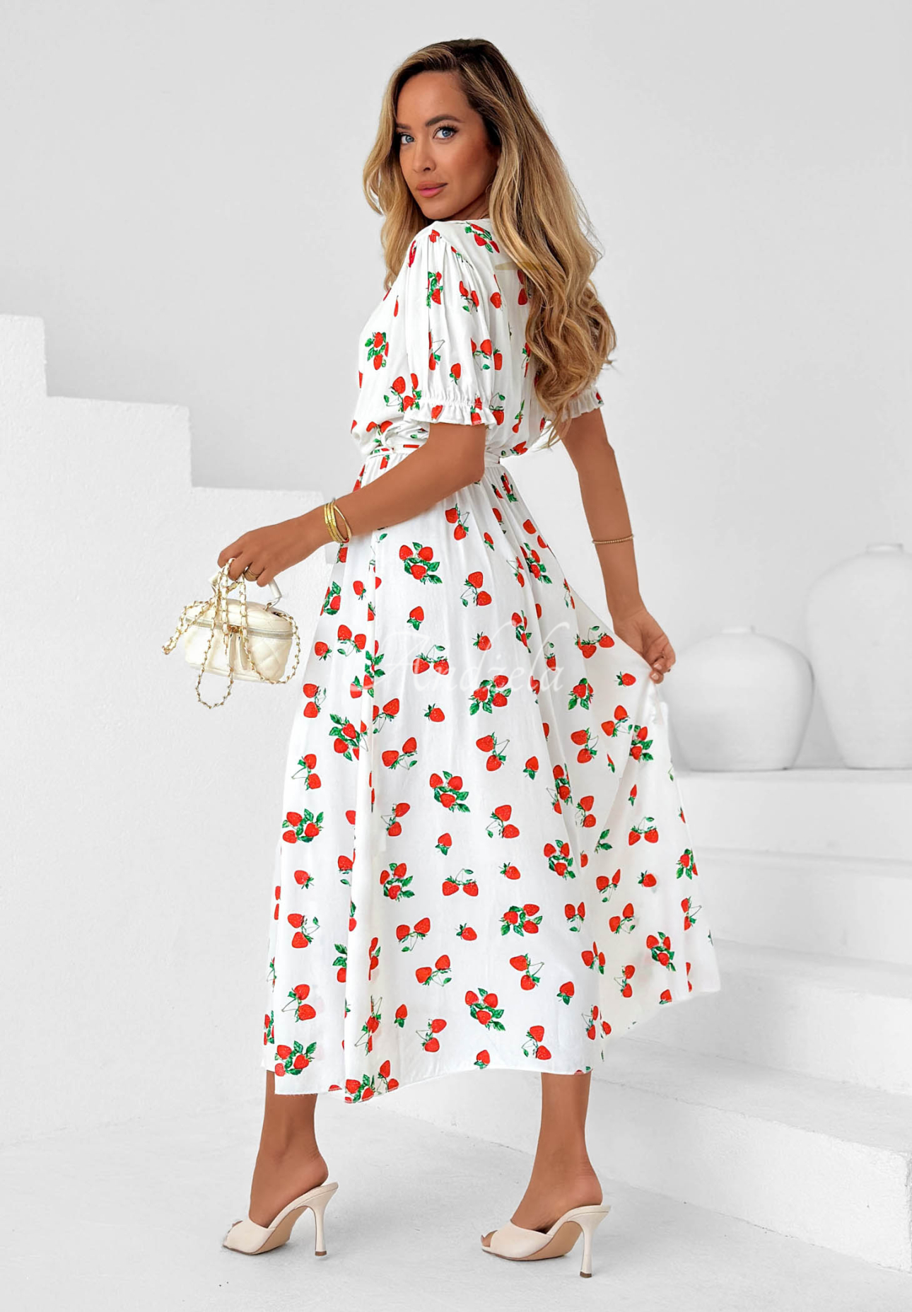 Rochie midi din viscoză cu curea și imprimeu cu căpșuni Strawberry Kiss