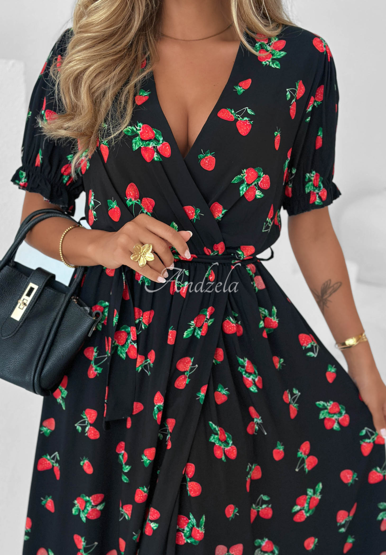 Rochie midi din viscoză cu curea și imprimeu cu căpșuni Strawberry Kiss