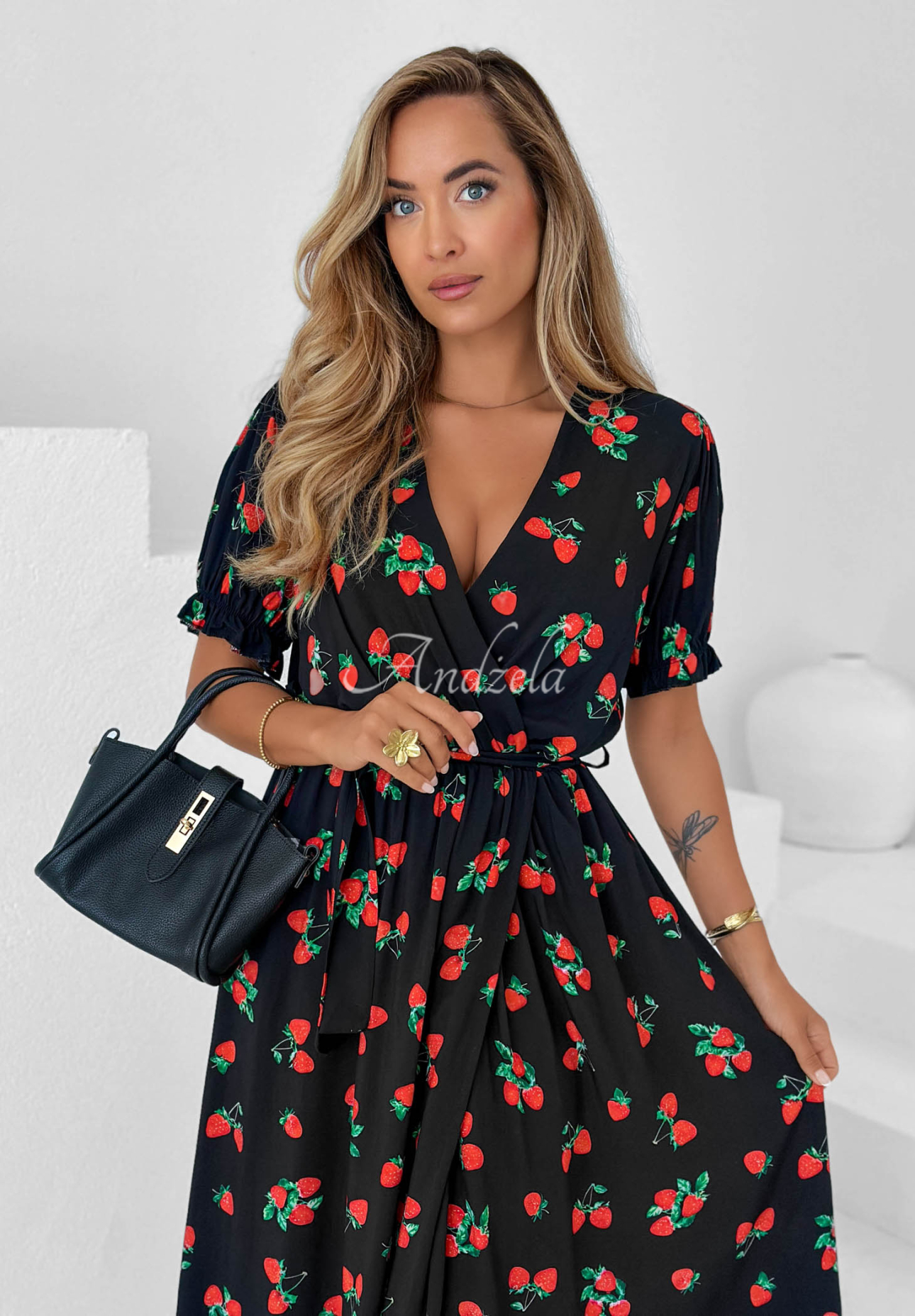 Rochie midi din viscoză cu curea și imprimeu cu căpșuni Strawberry Kiss