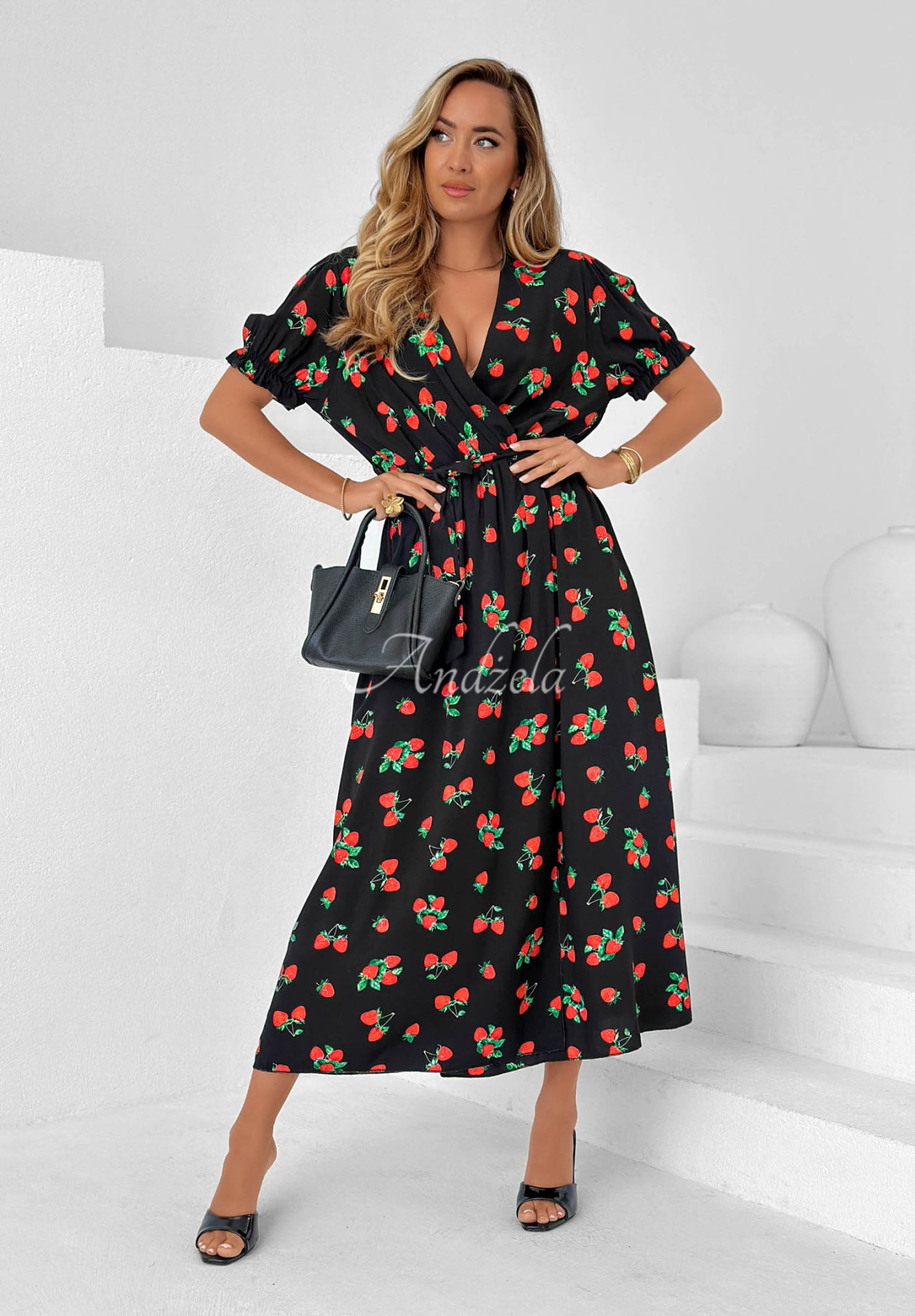 Rochie midi din viscoză cu curea și imprimeu cu căpșuni Strawberry Kiss