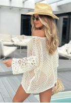 Ażurowy Pulover oversize z koronkowymi rękawami boho Bonita Springs Alb