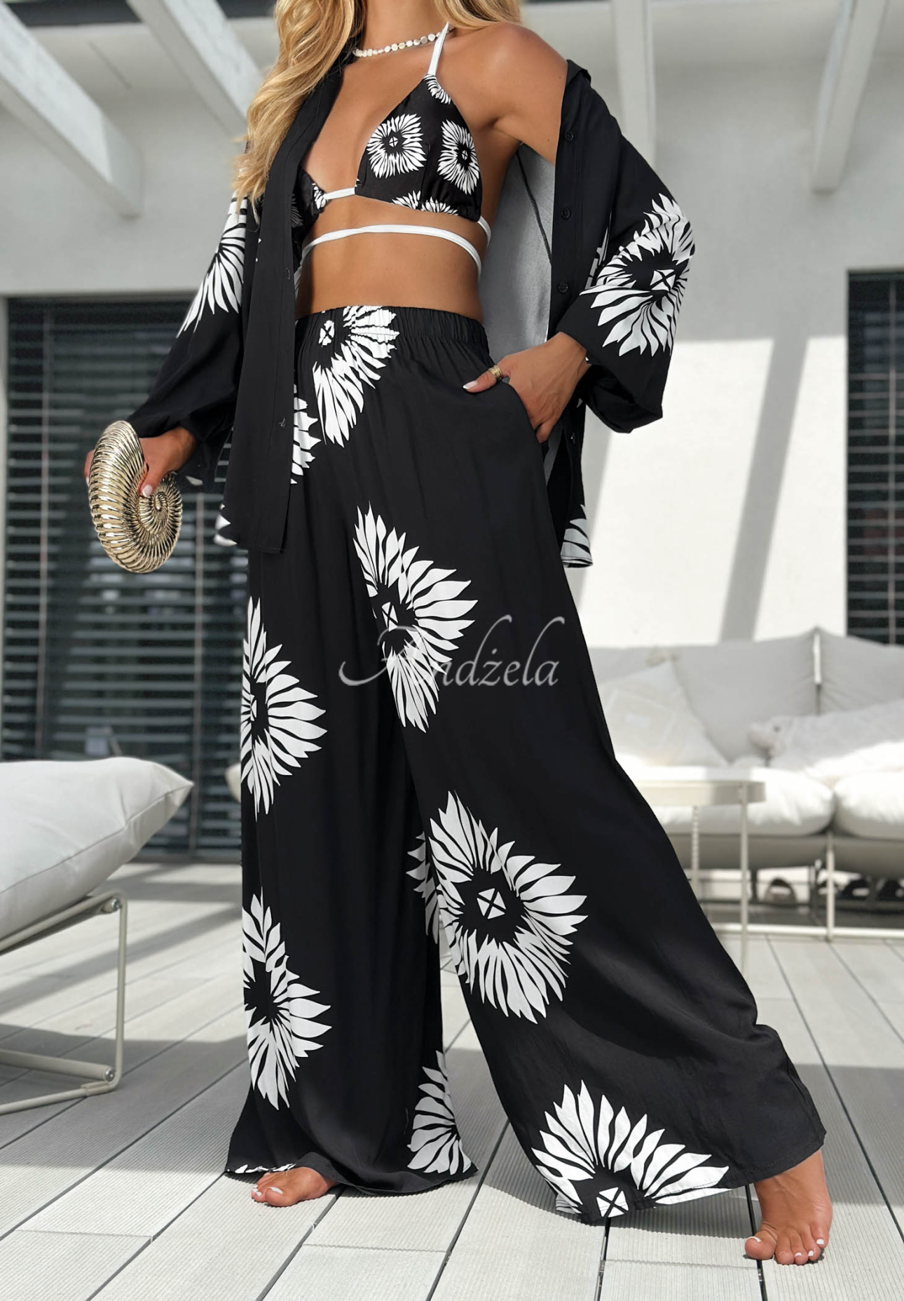 Set 3 în 1 din viscoză cu Top  , cămașă și pantaloni cu imprimeu Fiesta Time
