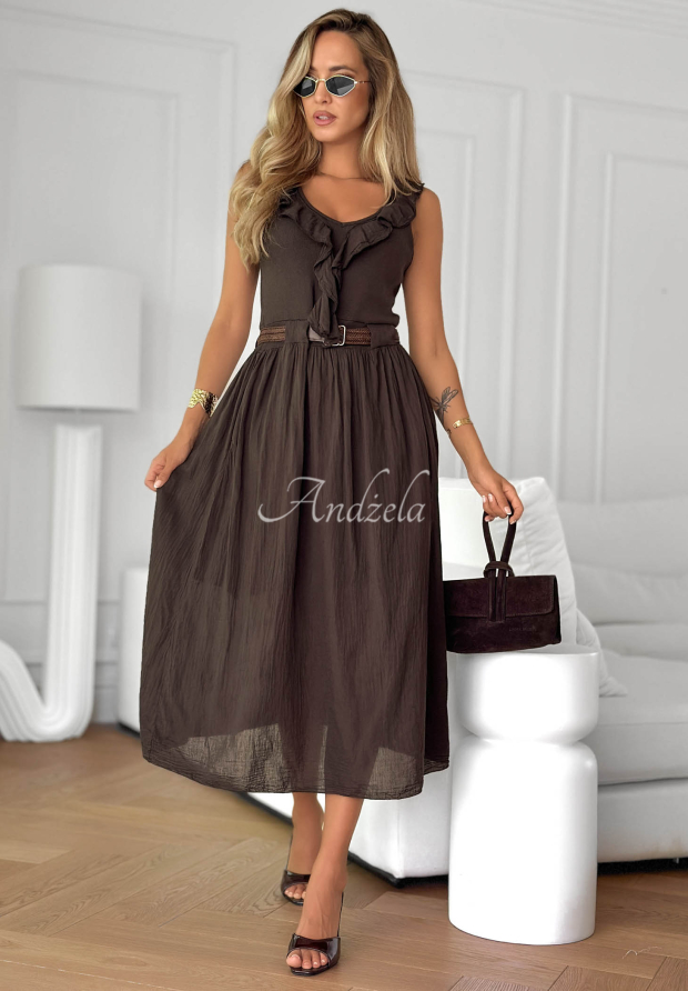 Rochie midi din bumbac cu volănașe și curea Good Winds