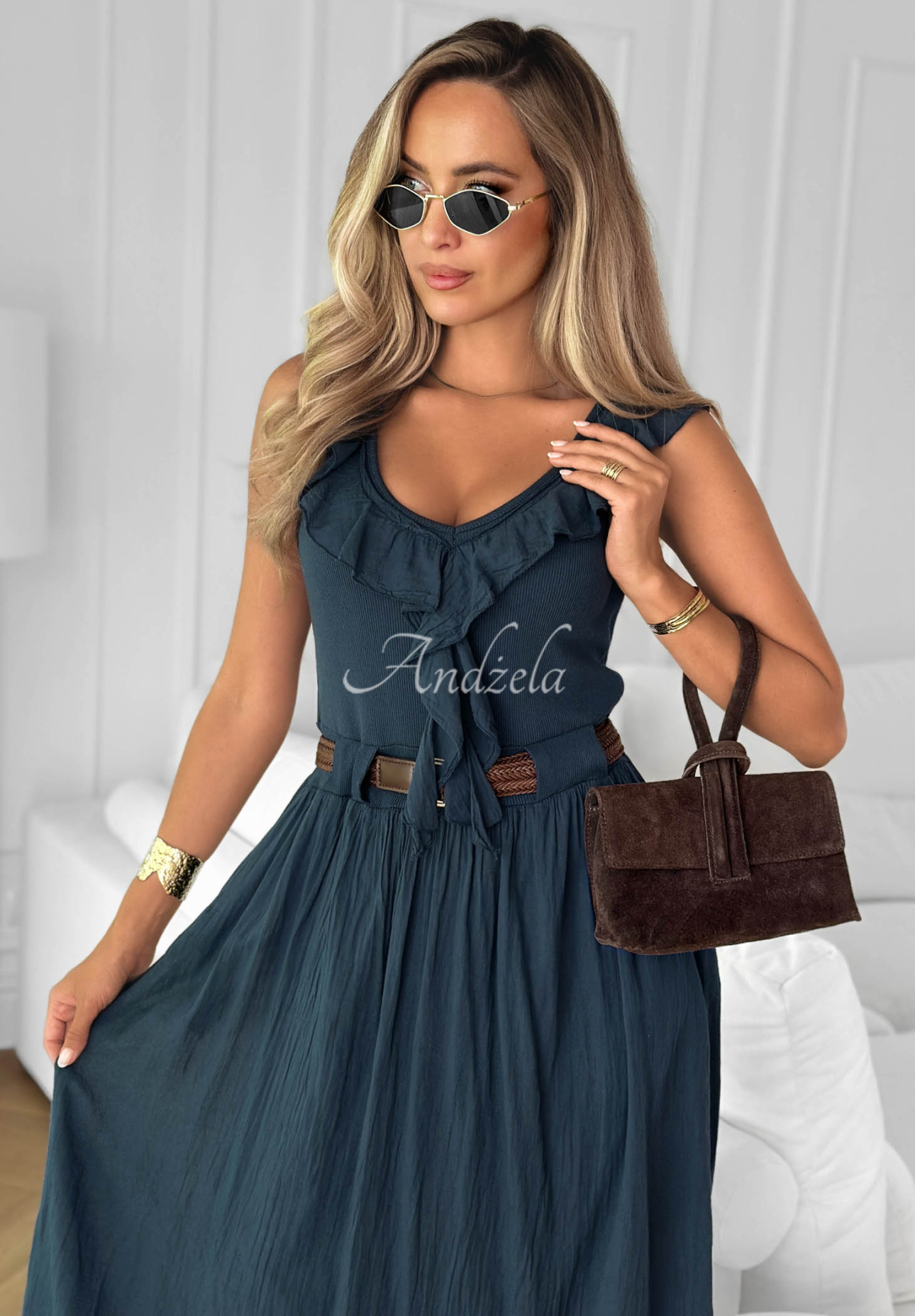 Rochie midi din bumbac cu volănașe și curea Good Winds