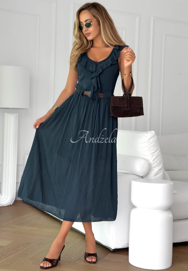 Rochie midi din bumbac cu volănașe și curea Good Winds