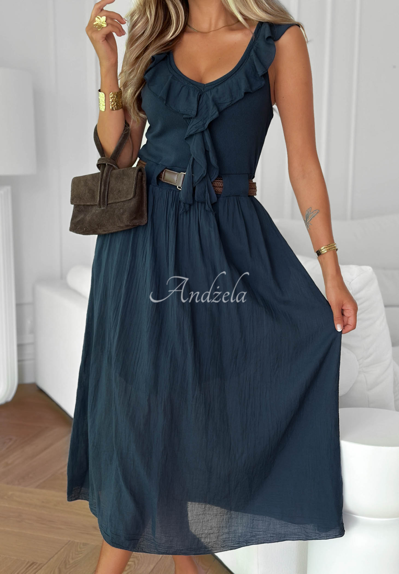 Rochie midi din bumbac cu volănașe și curea Good Winds