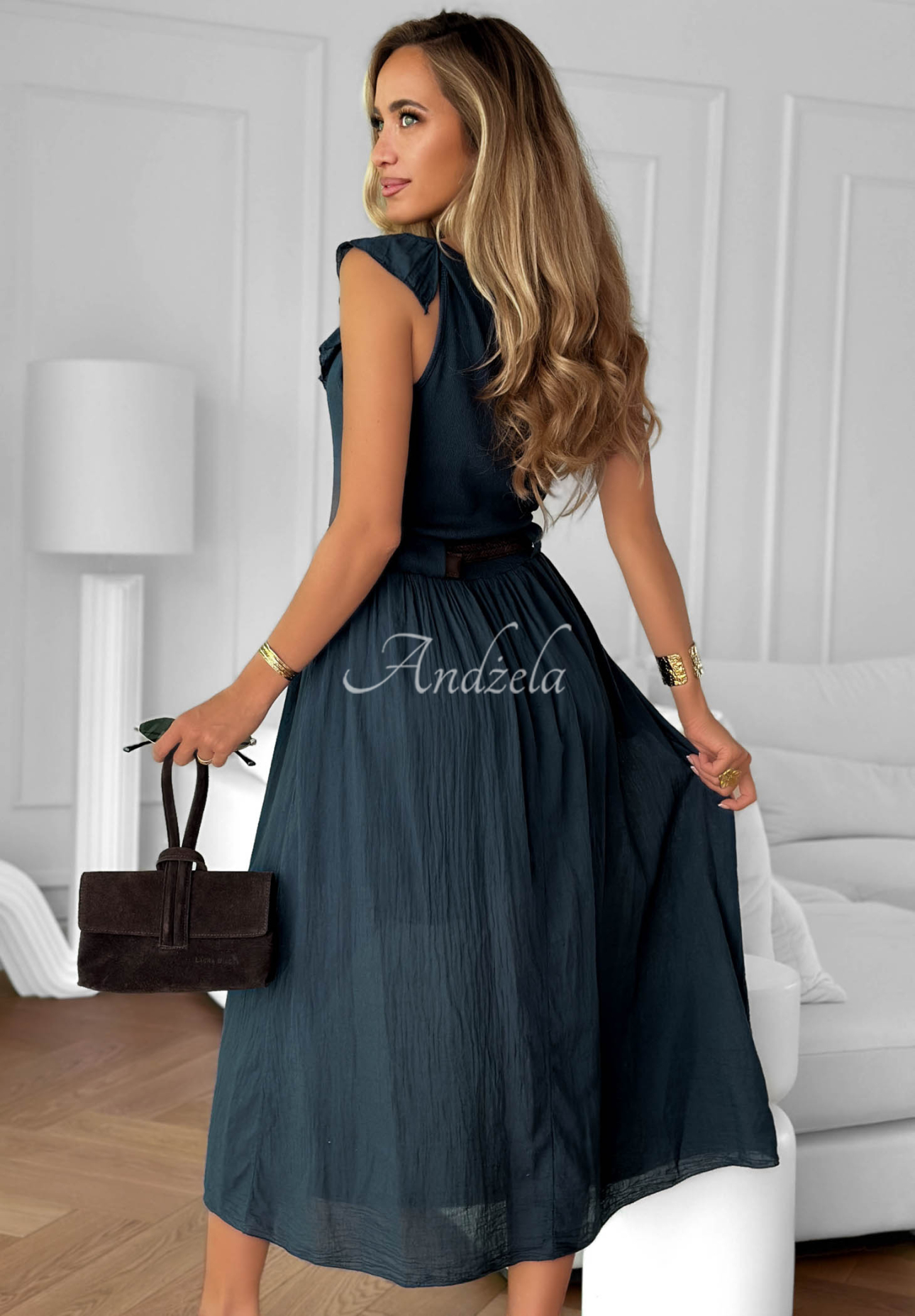 Rochie midi din bumbac cu volănașe și curea Good Winds