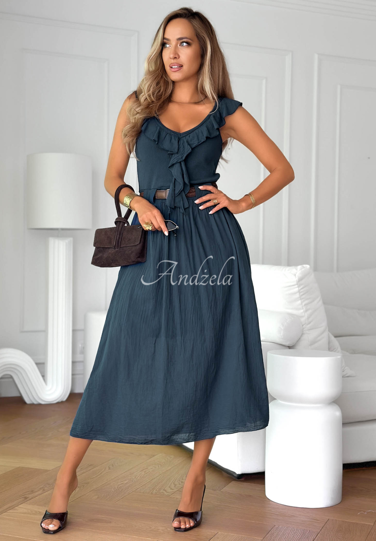 Rochie midi din bumbac cu volănașe și curea Good Winds