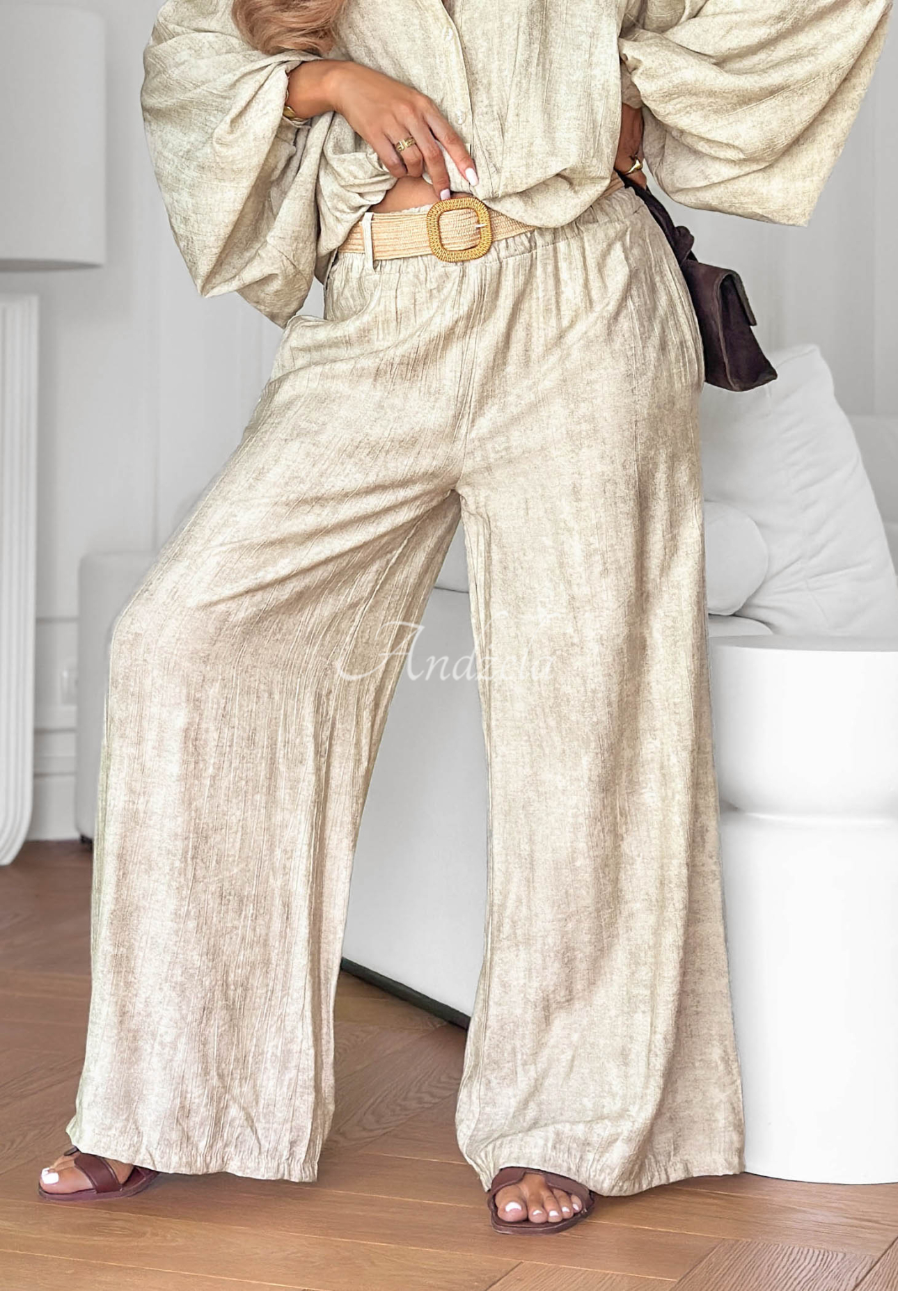 Pantaloni din viscoză wide leg cu curea Honey Sunset