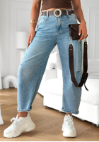 Pantaloni din denim mom fit z paskiem Horizon Blue albastru deschis