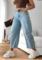 Pantaloni din denim mom fit z paskiem Horizon Blue albastru deschis