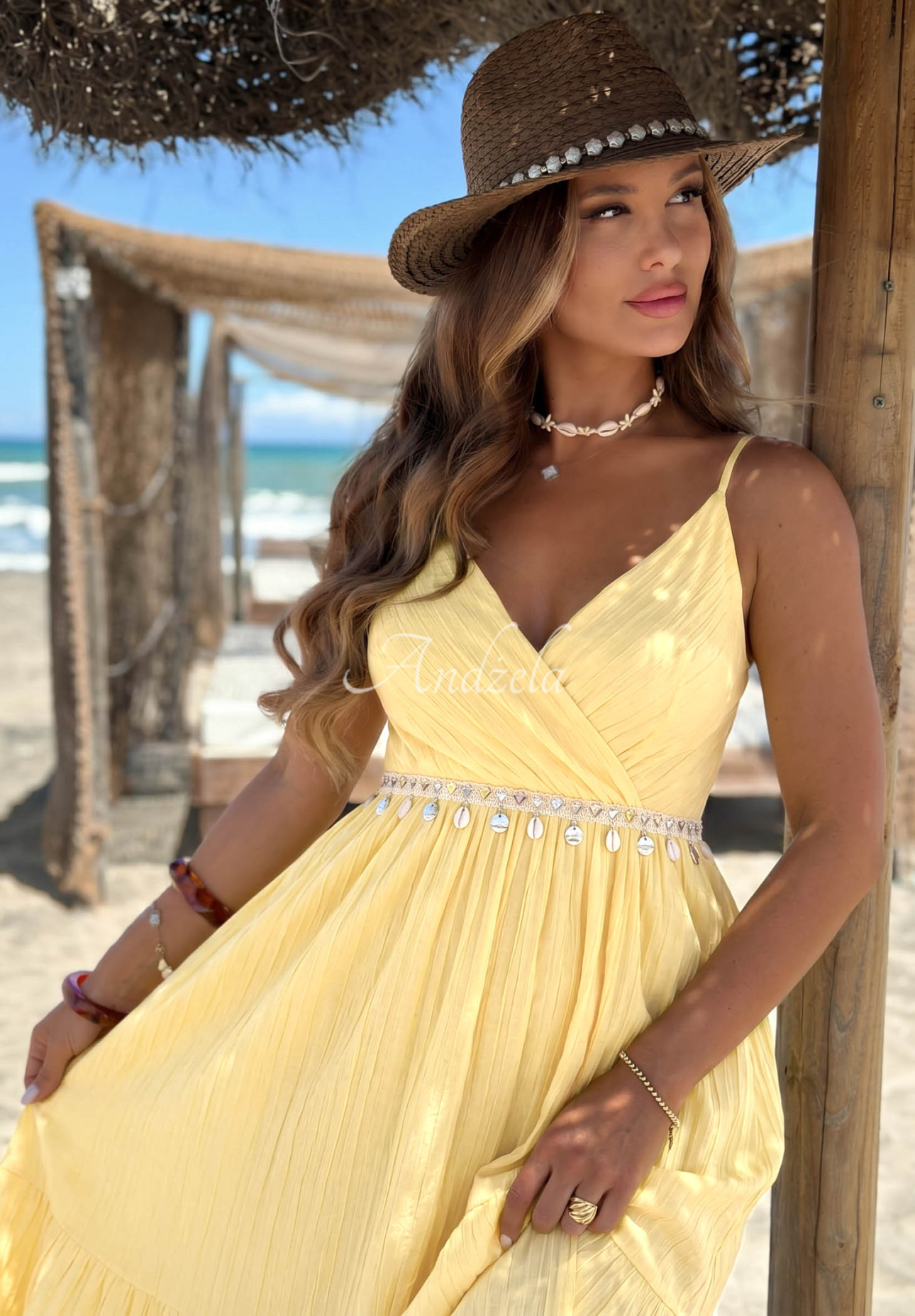 Rochie din viscoză cu bretele și aplicație decorativă Island Muse