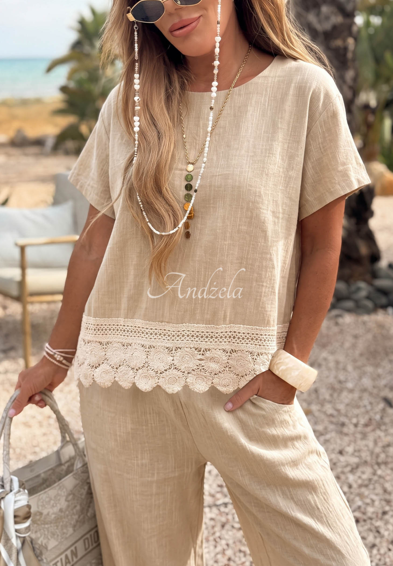 Bluză din bumbac cu dantelă Soft Sand