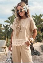 Pantaloni wide leg z koronką Soft Sand bej