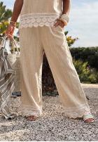 Pantaloni wide leg z koronką Soft Sand bej