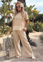 Pantaloni wide leg z koronką Soft Sand bej
