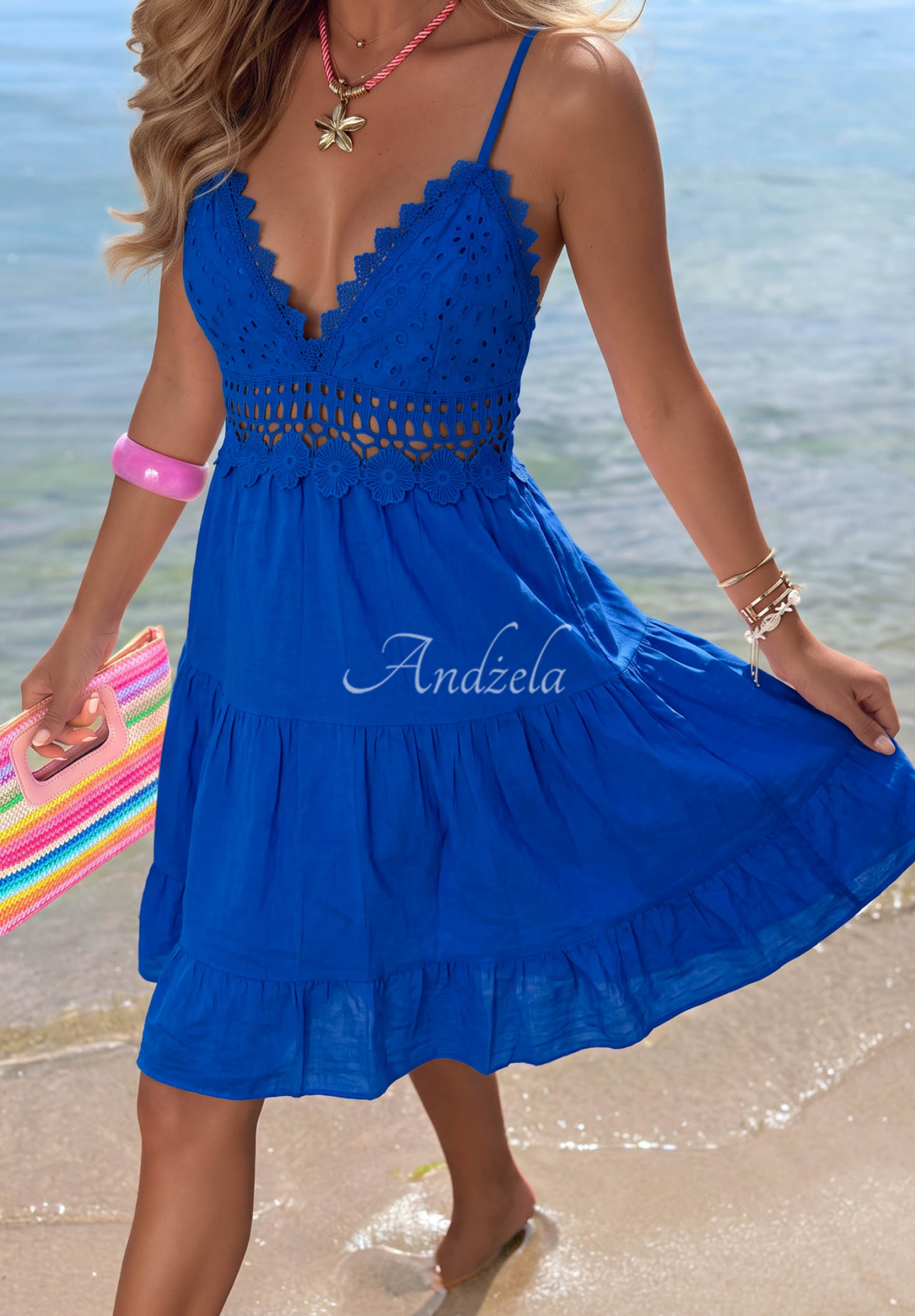Rochie mini din bumbac cu bretele și dantelă Wind Bay