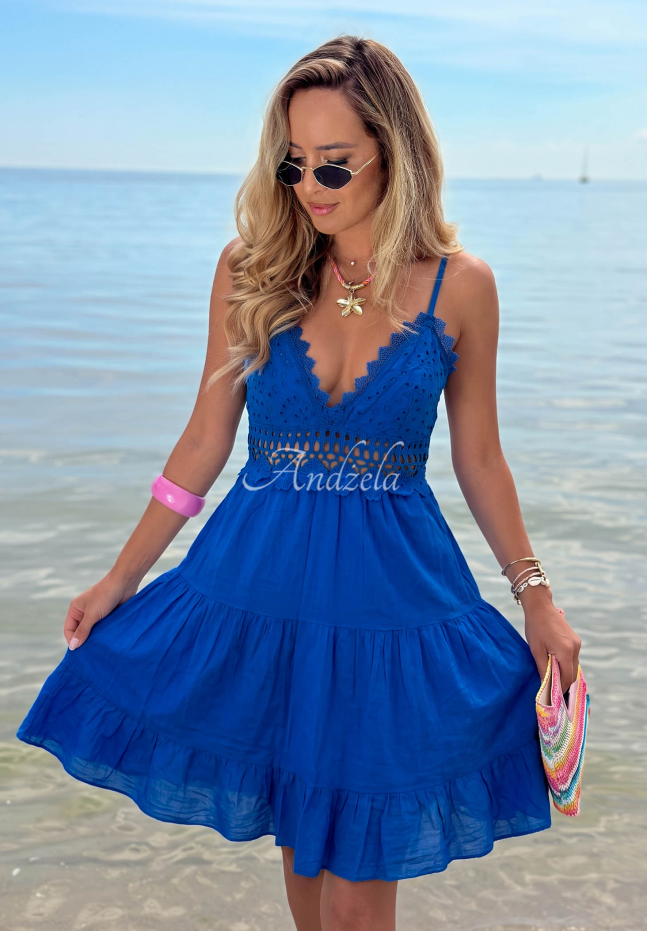 Rochie mini din bumbac cu bretele și dantelă Wind Bay