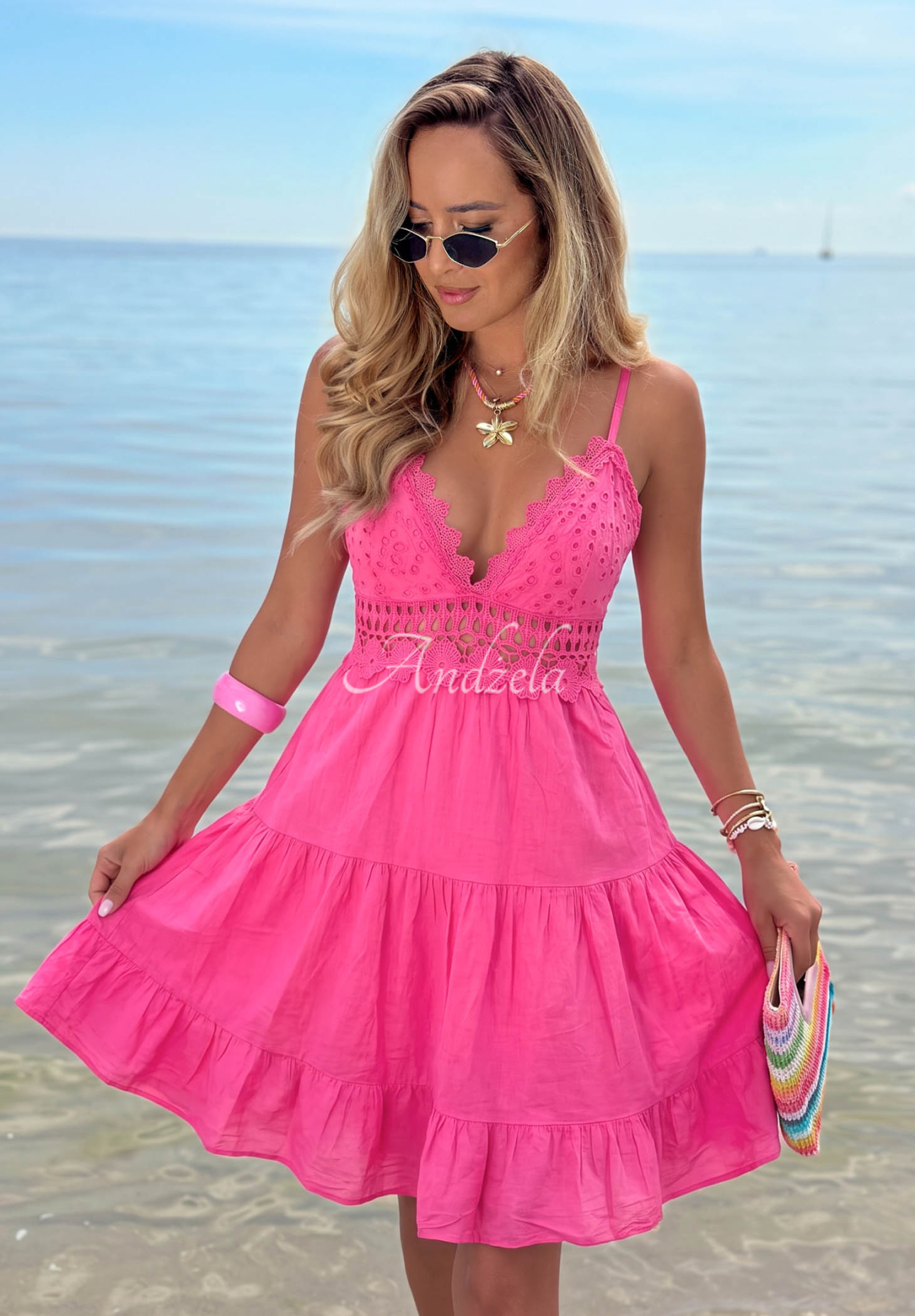 Rochie mini din bumbac cu bretele și dantelă Wind Bay