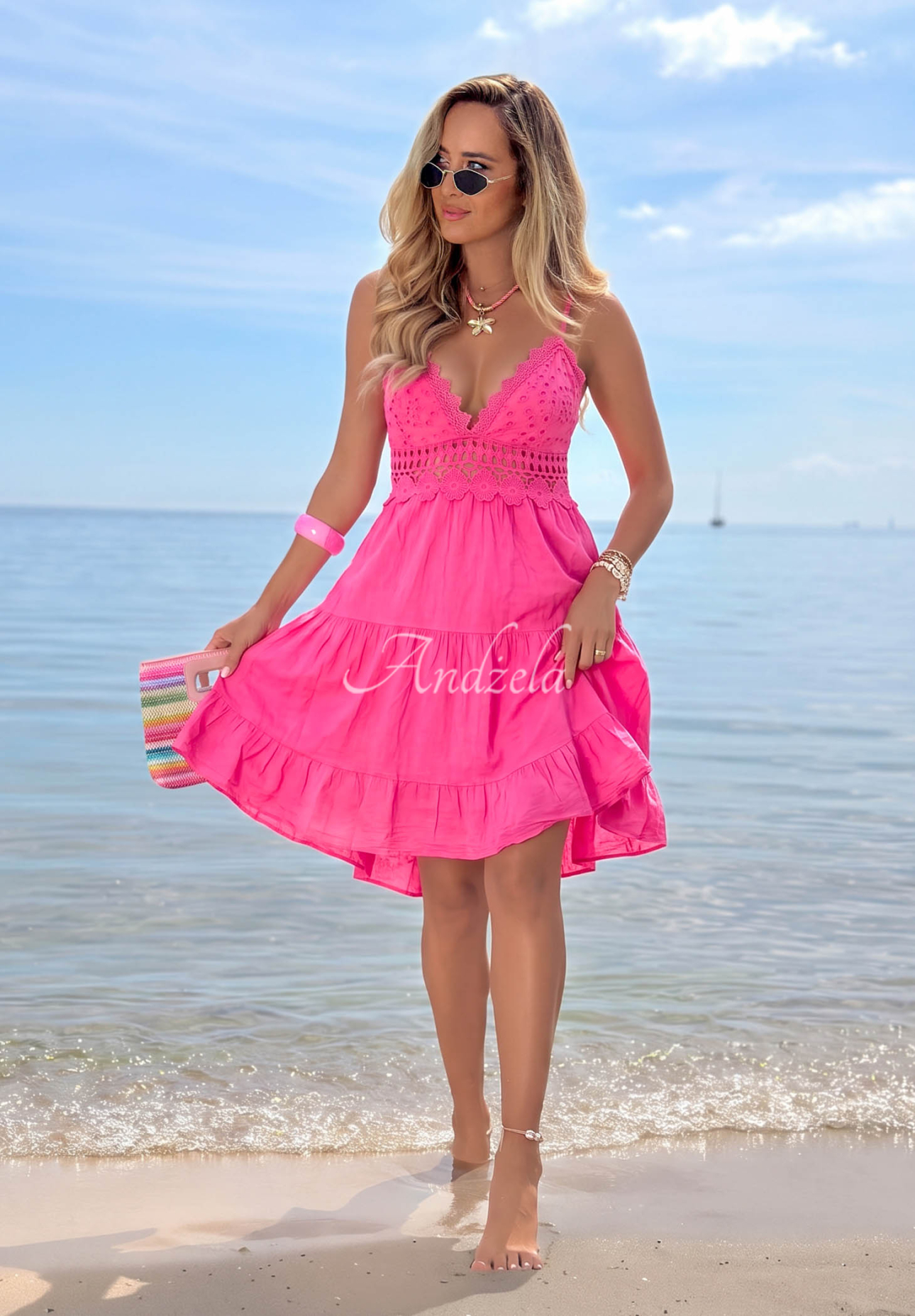 Rochie mini din bumbac cu bretele și dantelă Wind Bay