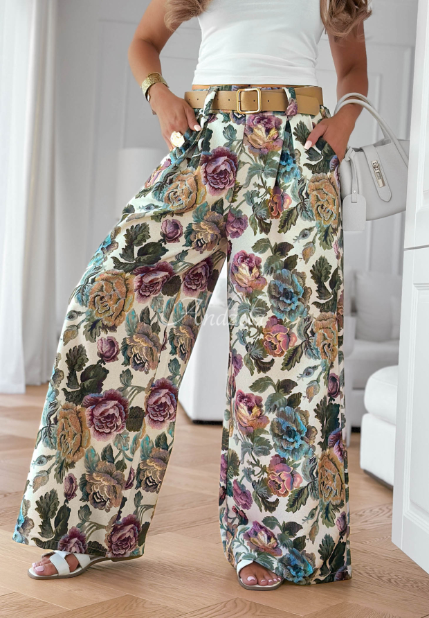 Pantaloni din viscoză cu imprimeu floral și pliuri Blooming Air