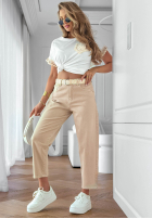 Pantaloni din denim mom fit z paskiem Casual Tide bej