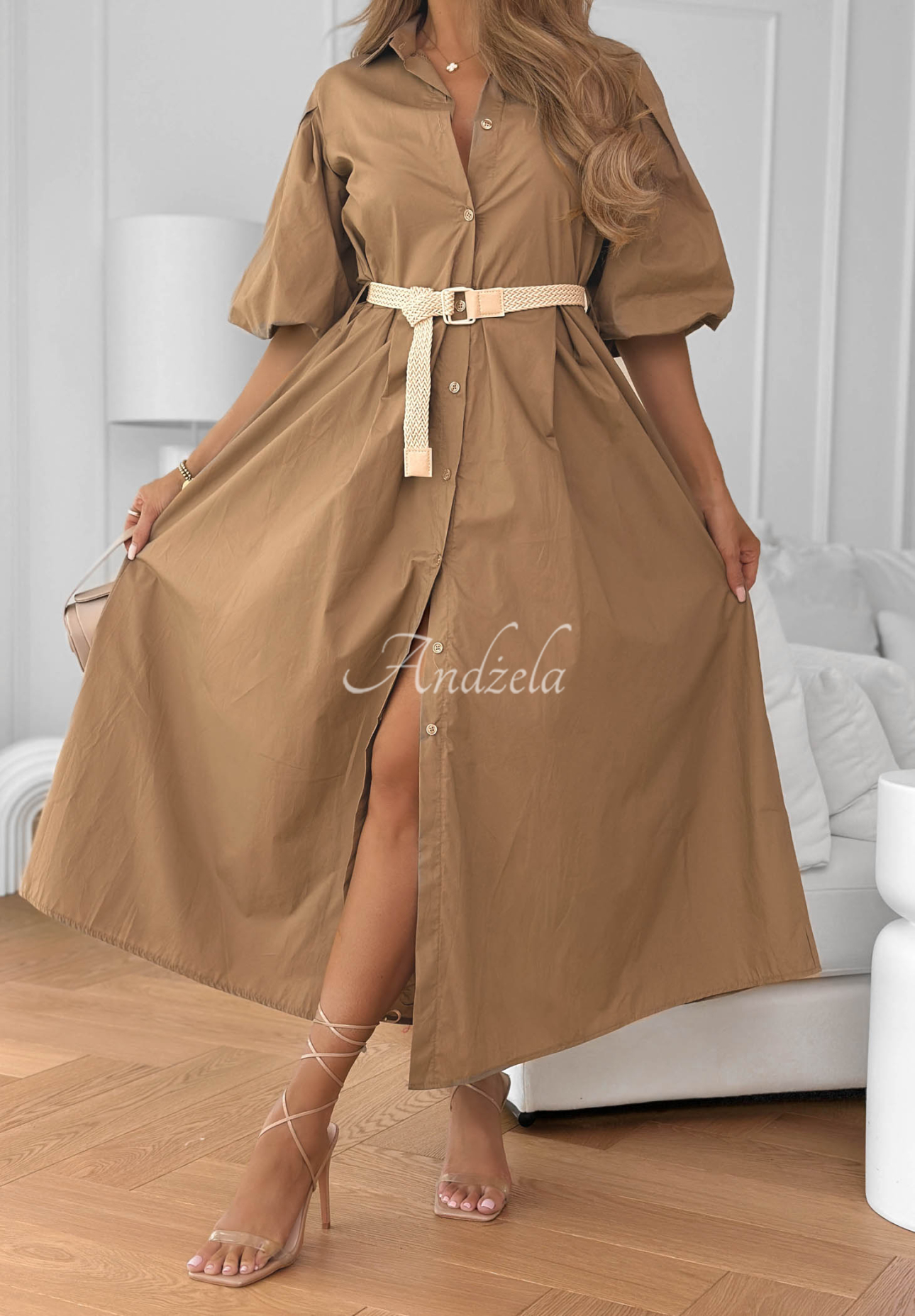 Rochie-cămașă din bumbac, cu mâneci bufante și cordon Rome