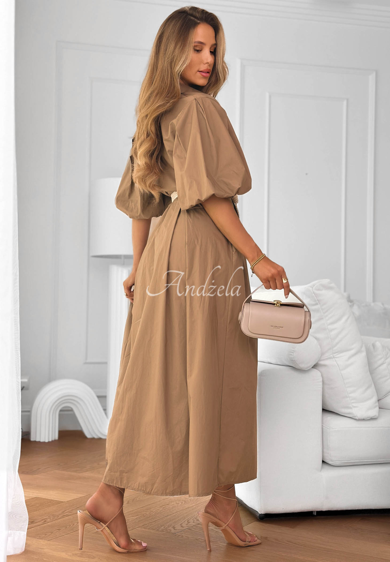 Rochie-cămașă din bumbac, cu mâneci bufante și cordon Rome