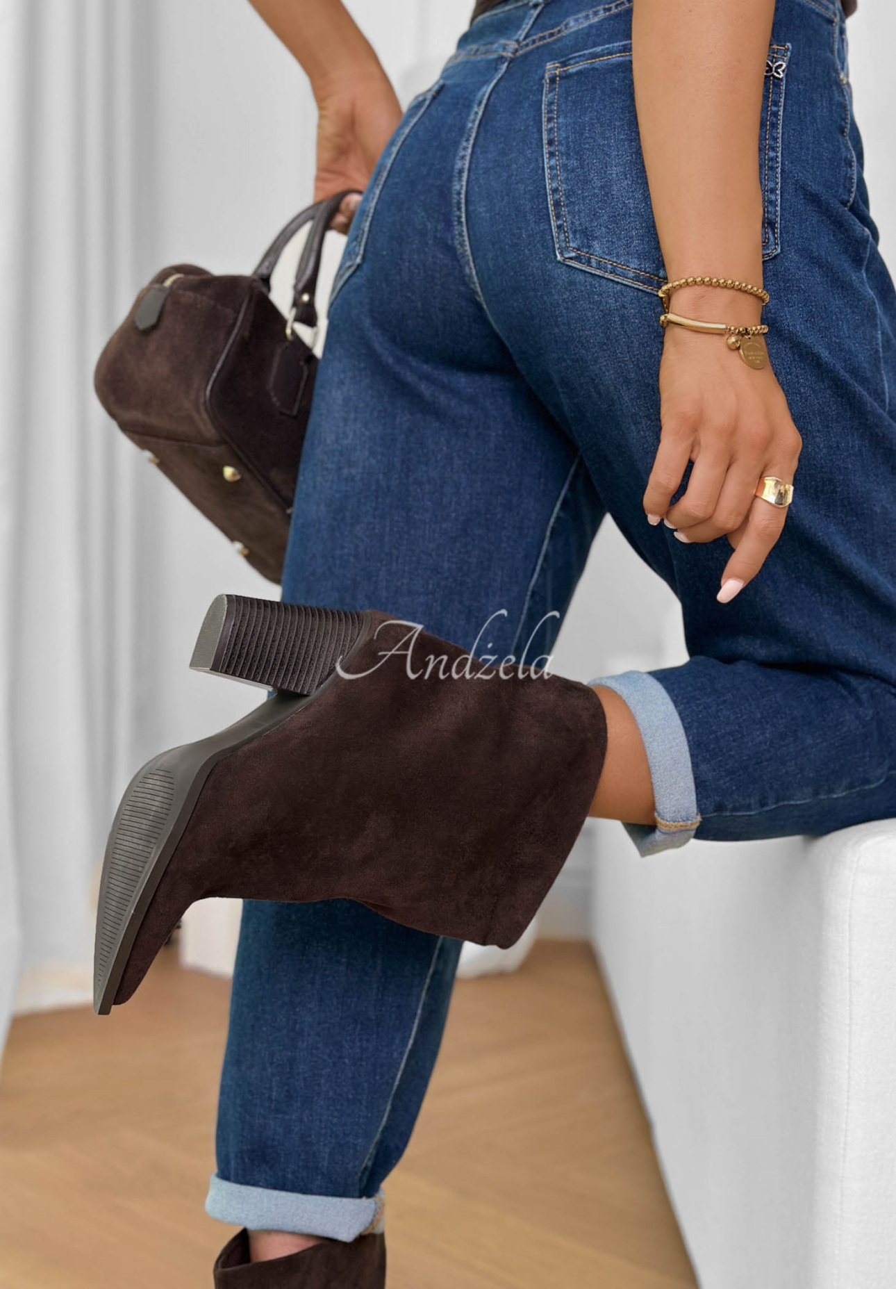 Botine din piele întoarsă cu toc bloc Fancy Style