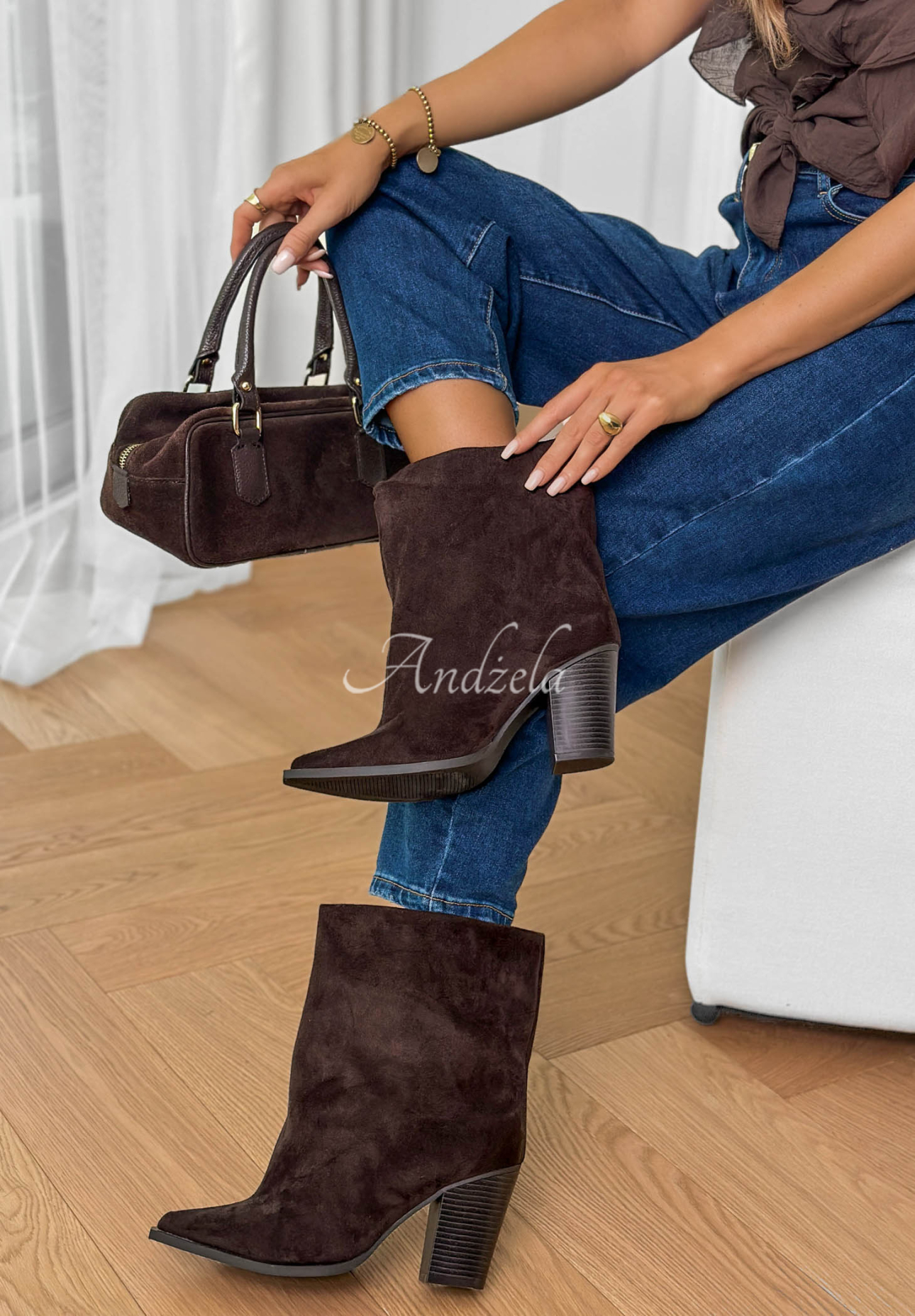 Botine din piele întoarsă cu toc bloc Fancy Style