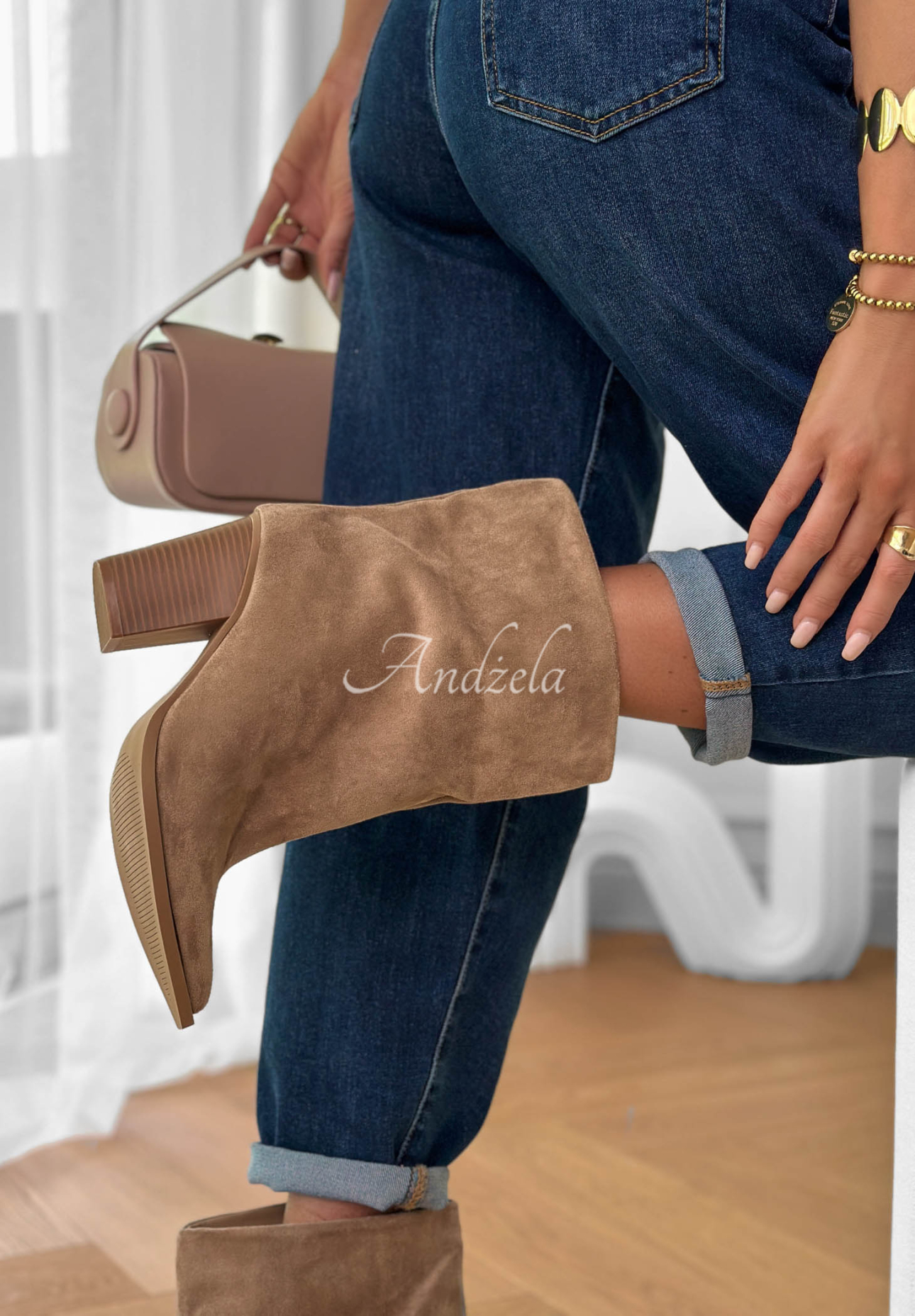 Botine din piele întoarsă cu toc bloc Fancy Style