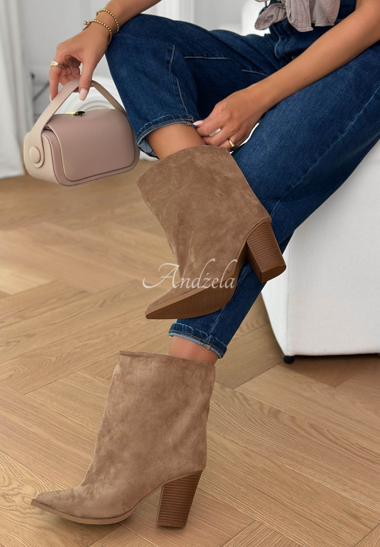 Botine din piele întoarsă cu toc bloc Fancy Style