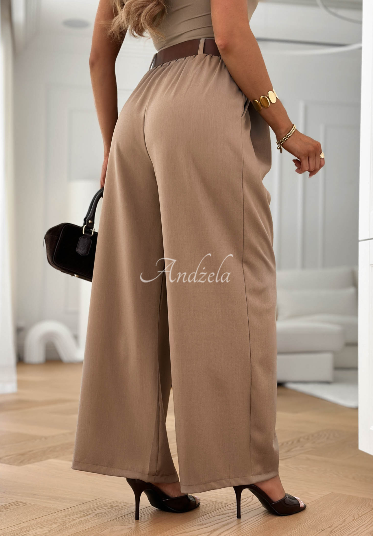 Pantaloni din material tip wide leg cu curea Clean Looks