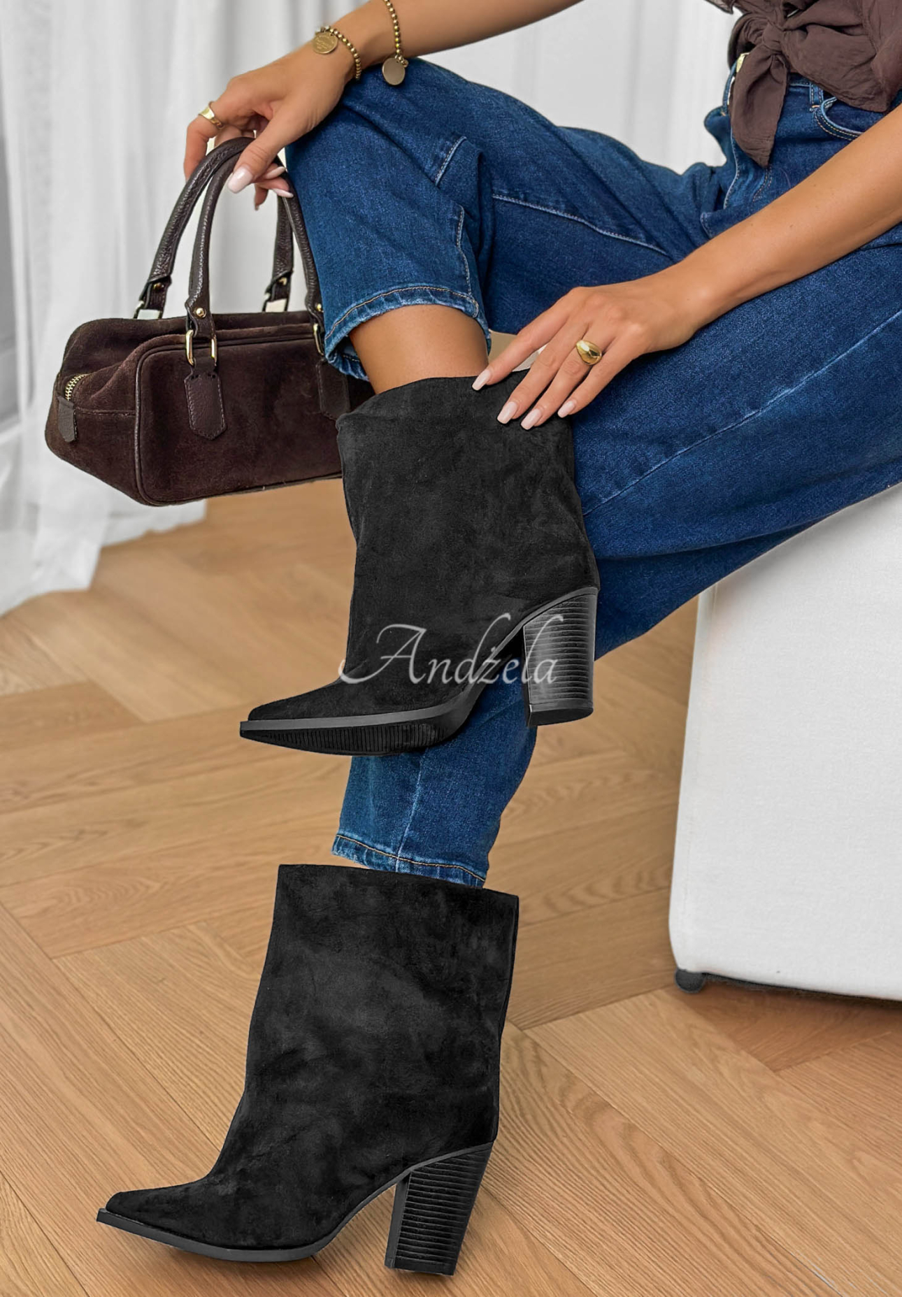 Botine din piele întoarsă cu toc bloc Fancy Style