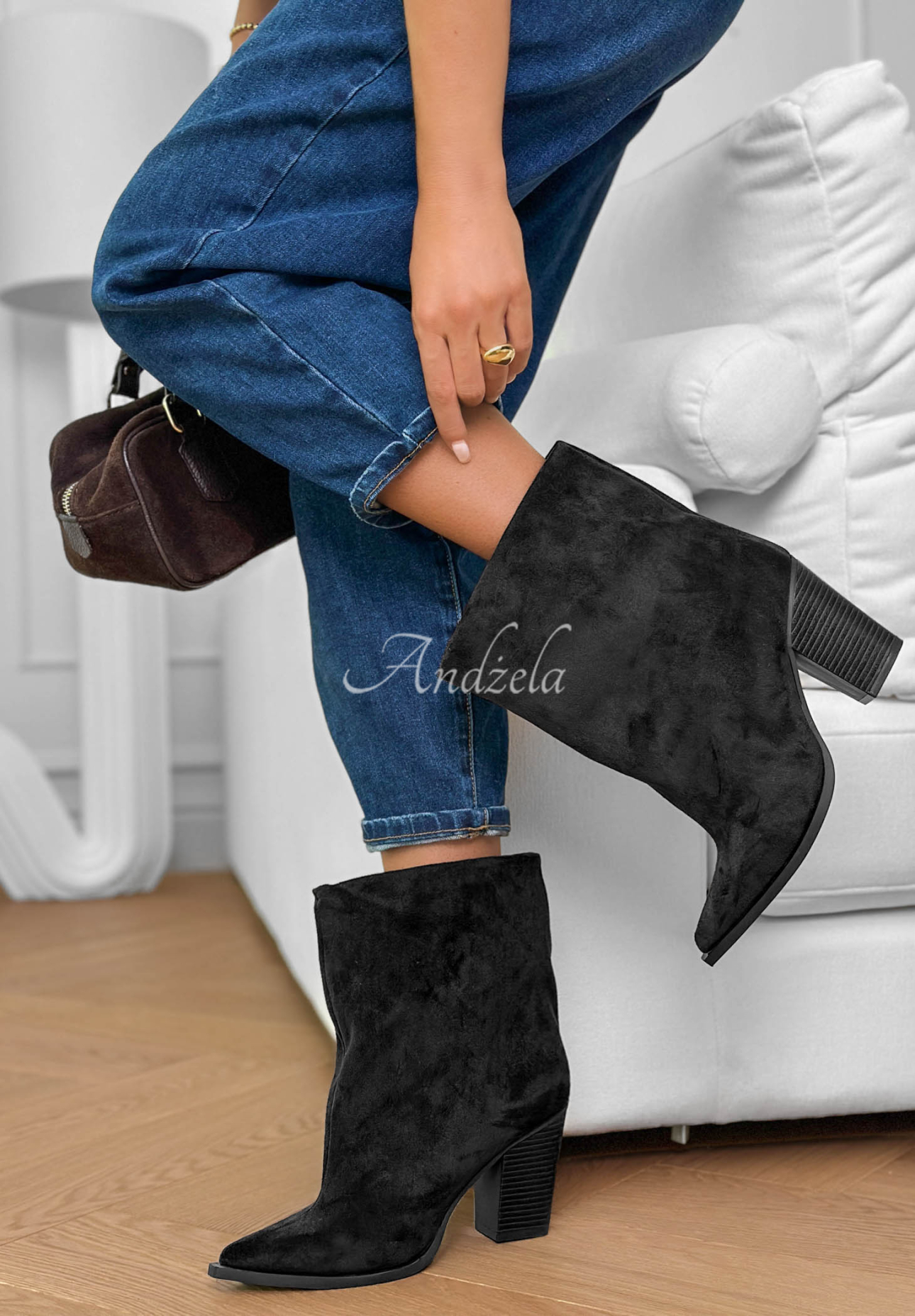 Botine din piele întoarsă cu toc bloc Fancy Style