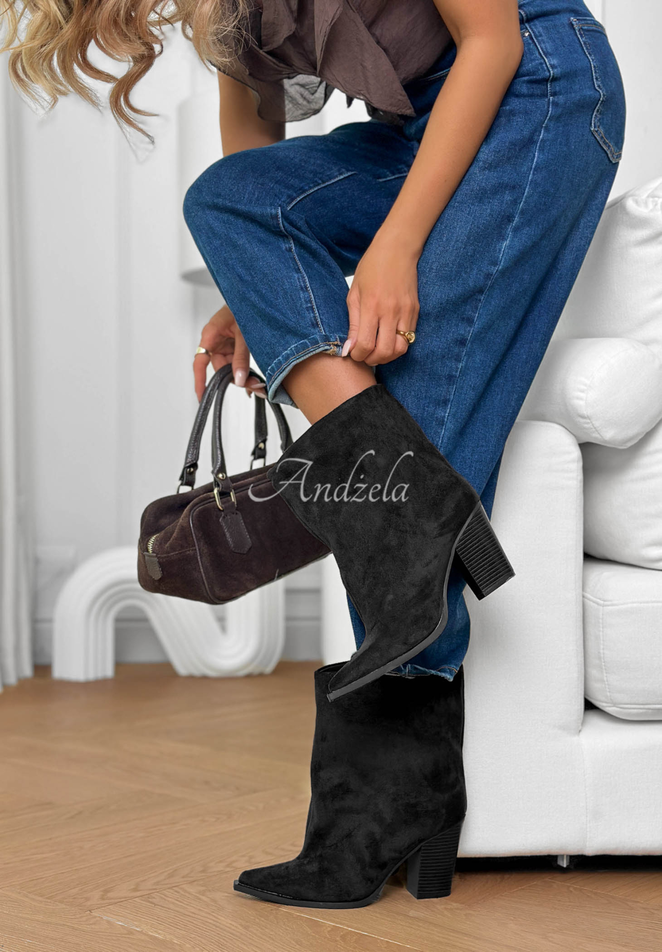 Botine din piele întoarsă cu toc bloc Fancy Style