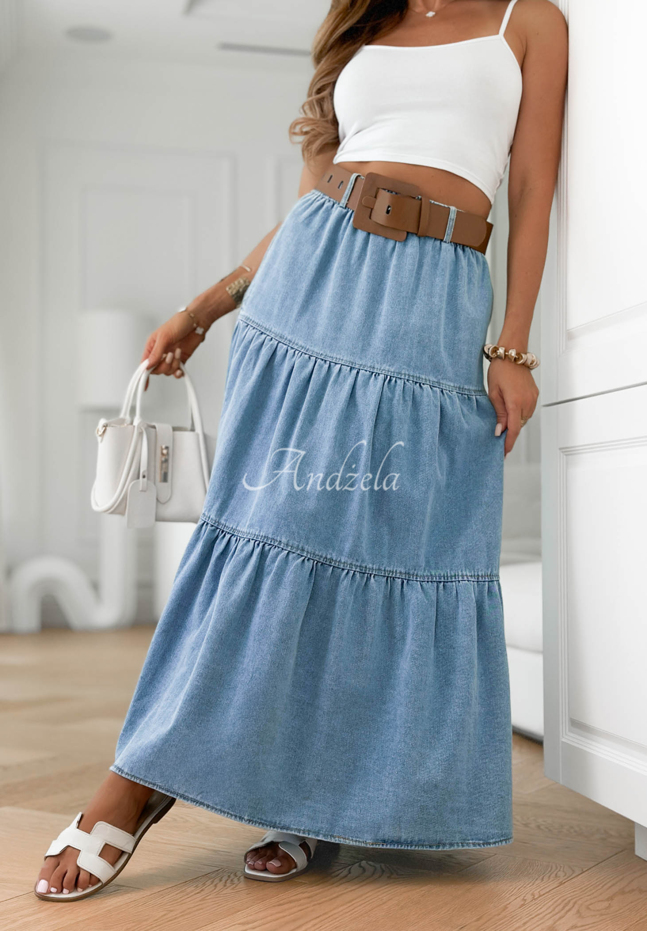 Fustă din denim evazată cu curea Morella