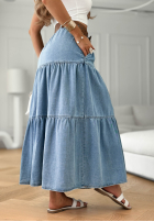 Rozkloszowana din denim Fustă z paskiem Morella albastră