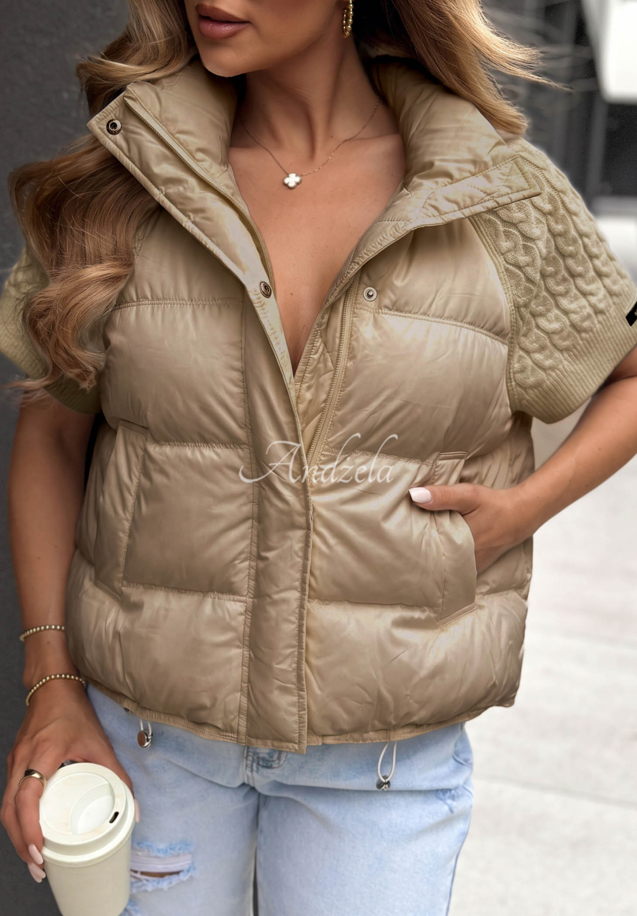 Vestă cu puf și inserții din tricot Never Leave