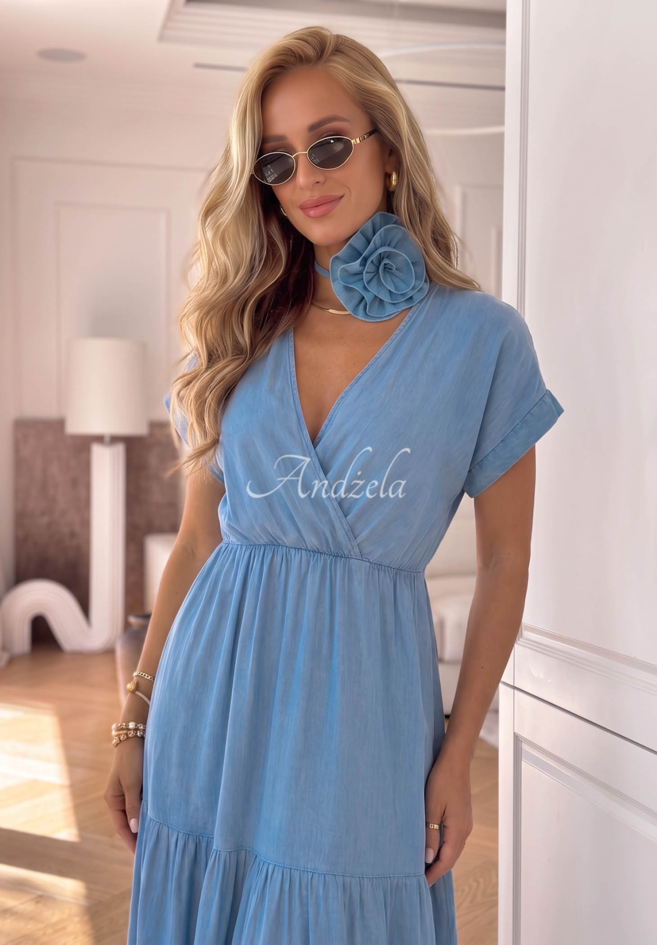 Rochie din lyocell cu volănașe și curea cu trandafir Rosa Sea