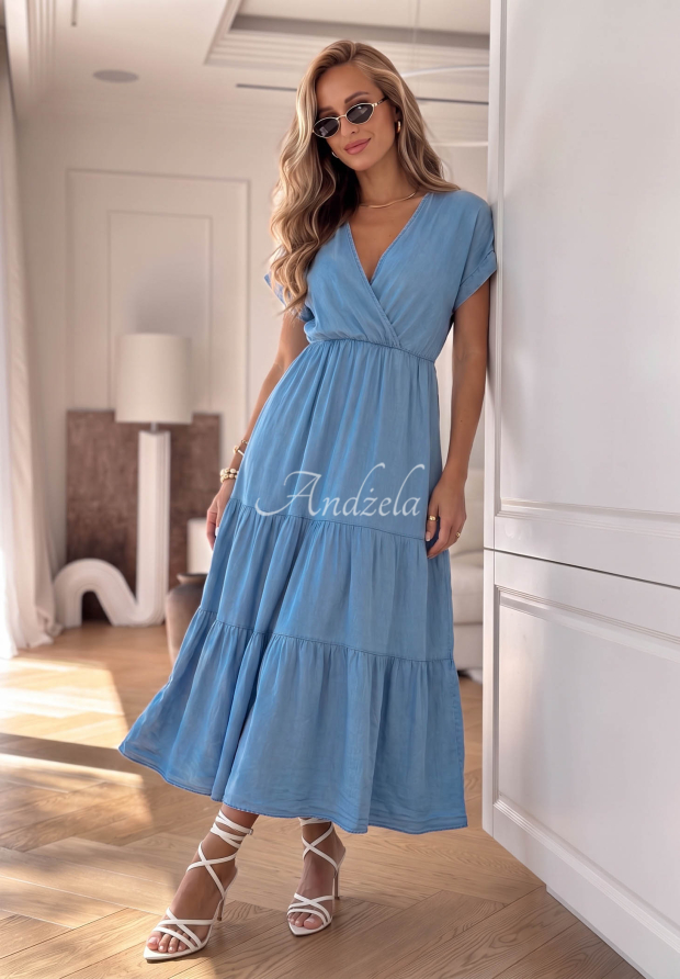 Rochie din lyocell cu volănașe și curea cu trandafir Rosa Sea