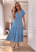 Rochie midi z lyocellu z falbankami i paskiem z różą Rosa Sea albastru deschis