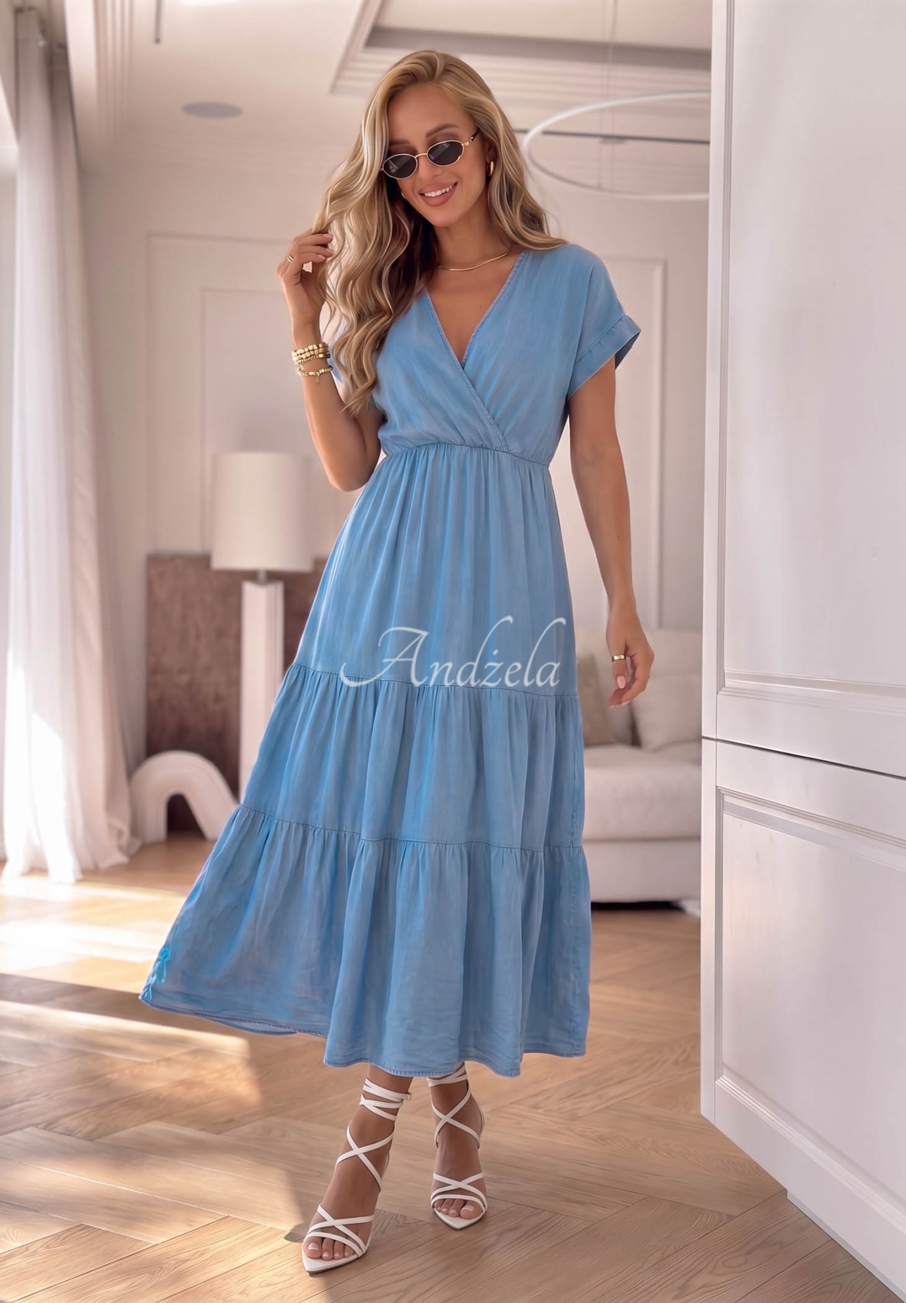 Rochie din lyocell cu volănașe și curea cu trandafir Rosa Sea