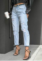 Pantaloni din denim mom fit z przetarciami Sun Chaser albastru deschis