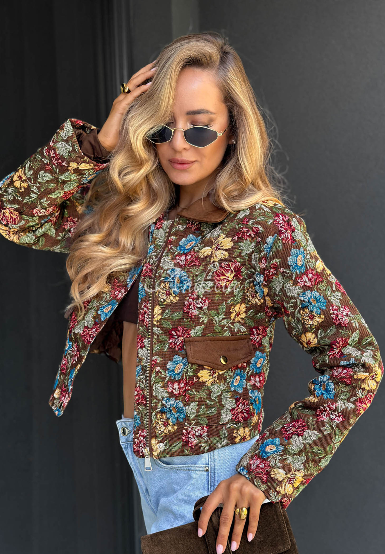 Jachetă scurtă din bumbac cu imprimeu floral și guler Floral Charm